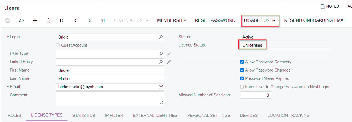 How to add, remove, disable, reassign users in MYOB Acumatica