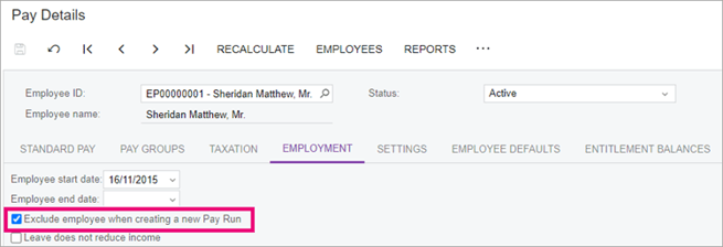 Exclude employee when creating a new pay run